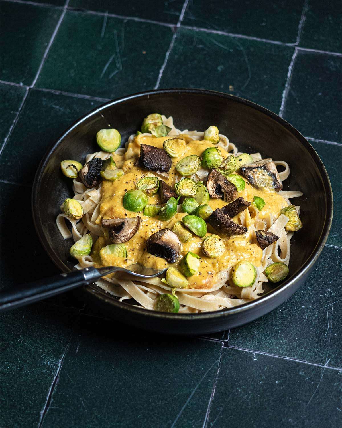 orange pasta with brussels sprouts